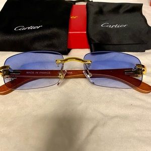 Pair light blue lens with wood vintage style Cartier Buffalo Horns.